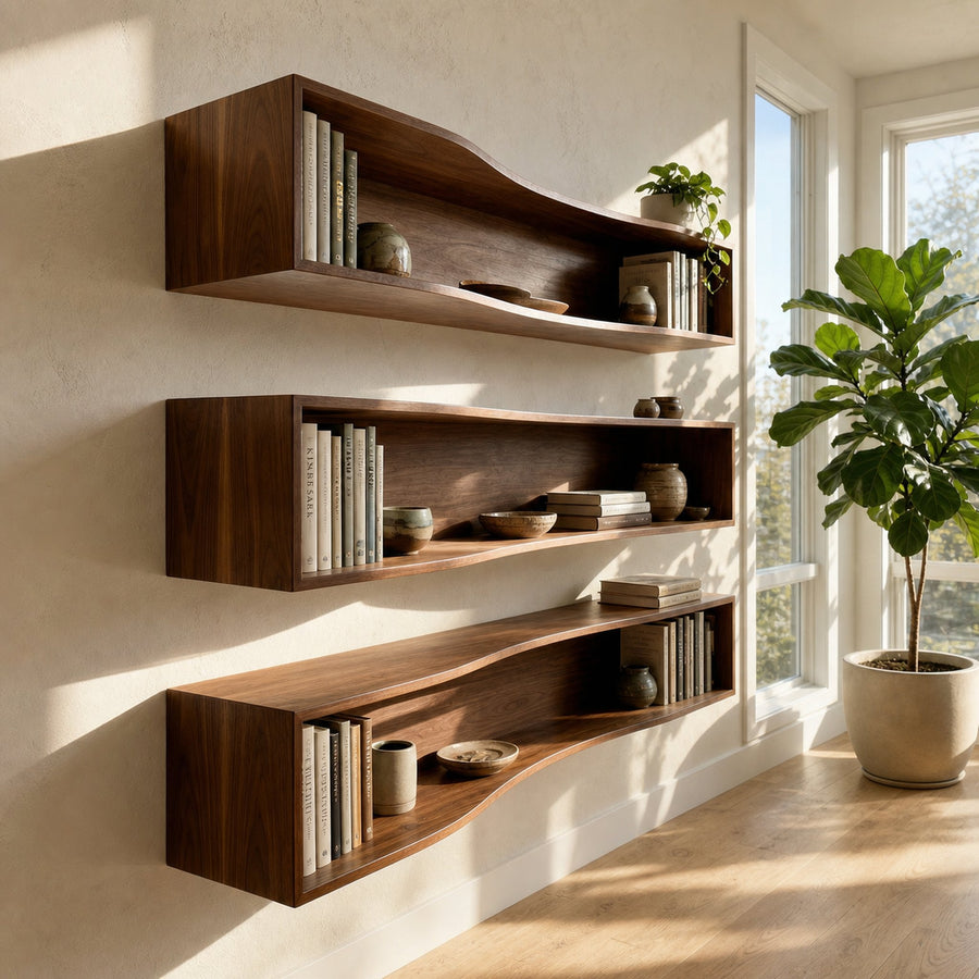 Modern Rectangular Floating Wall Shelves Solid Wood Open Storage