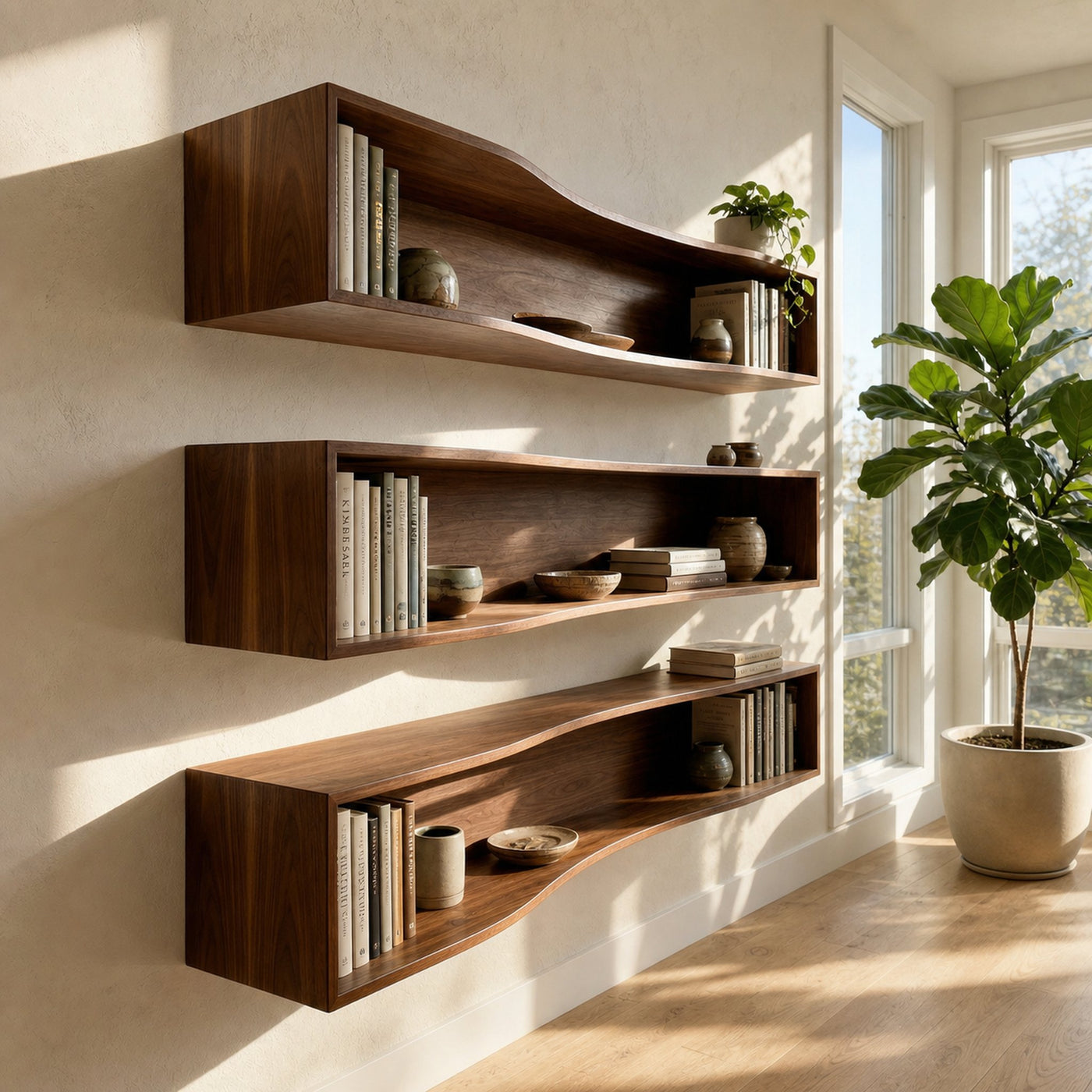 Modern Rectangular Floating Wall Shelves Solid Wood Open Storage