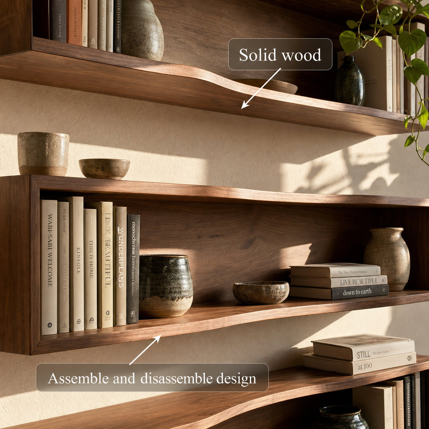 Modern Rectangular Floating Wall Shelves Solid Wood Open Storage - product view 6