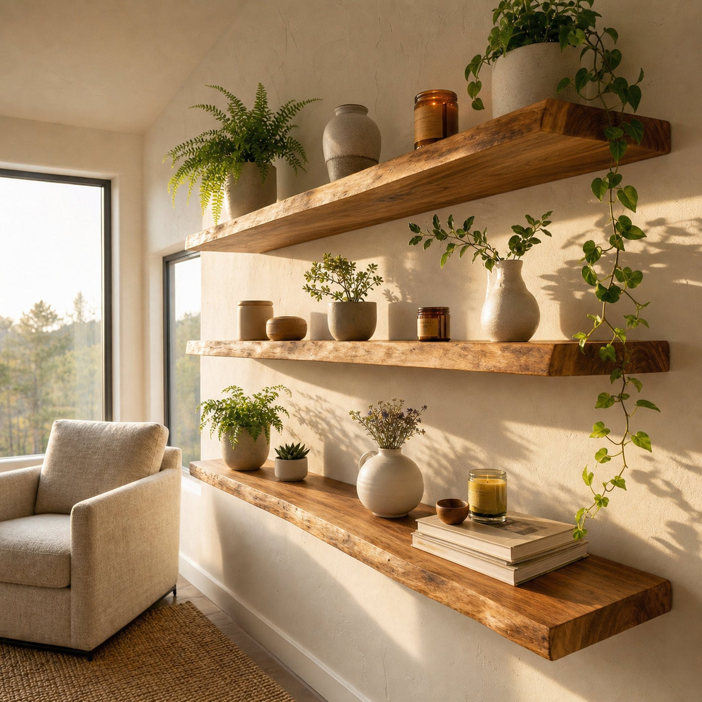 Modern Scandinavian Floating Wall Shelves Solid Wood Living Room Display