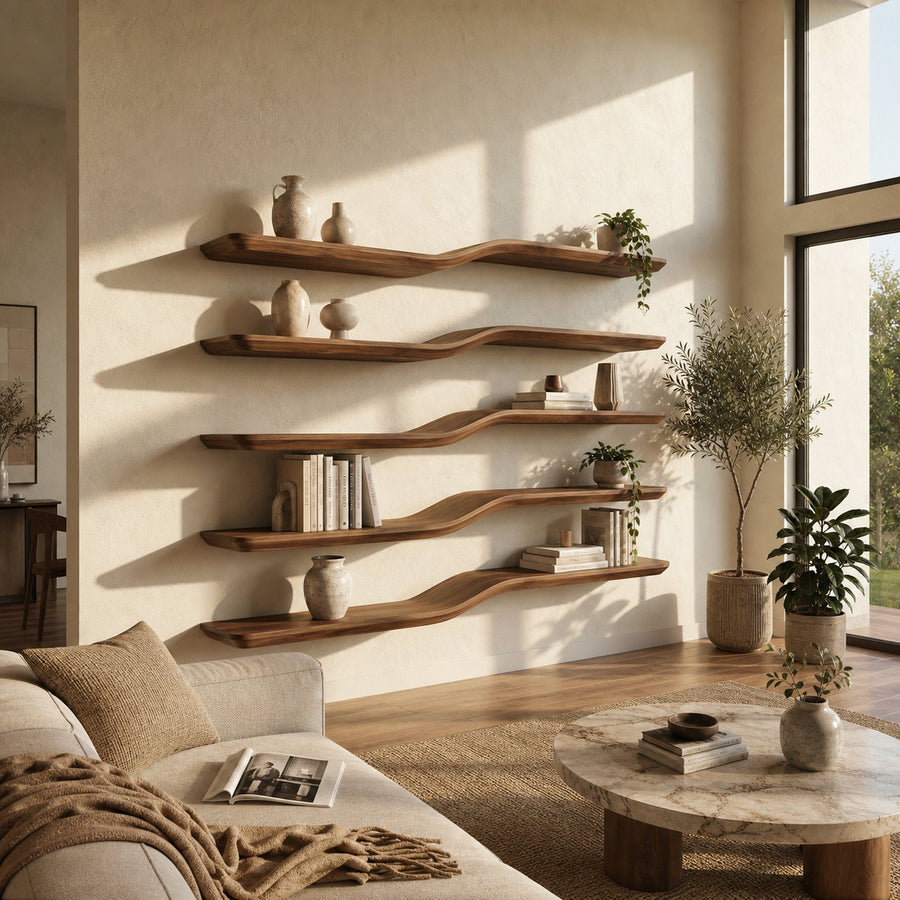 Modern Sculptural Wave Wall Shelves Floating Wood Display