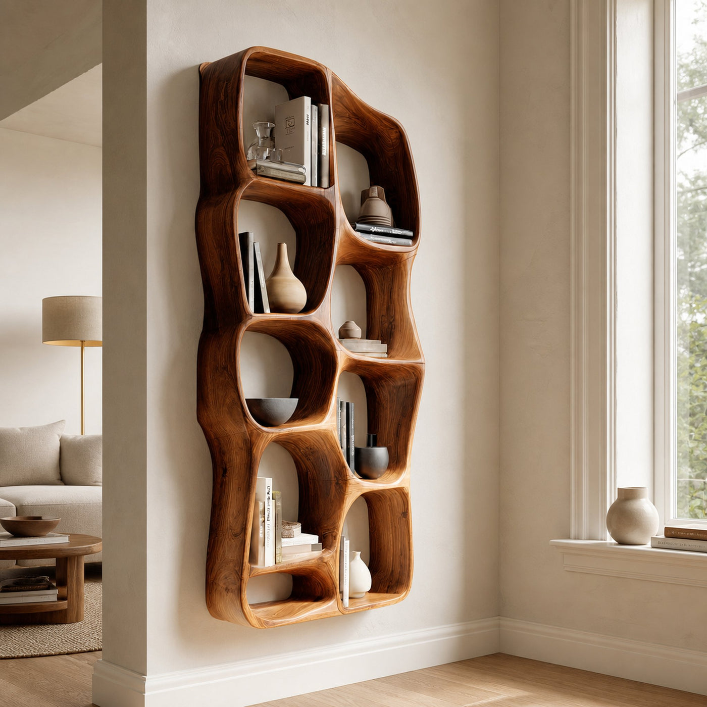 Modern Sculptural Wooden Wall Mounted Shelf For Living Room