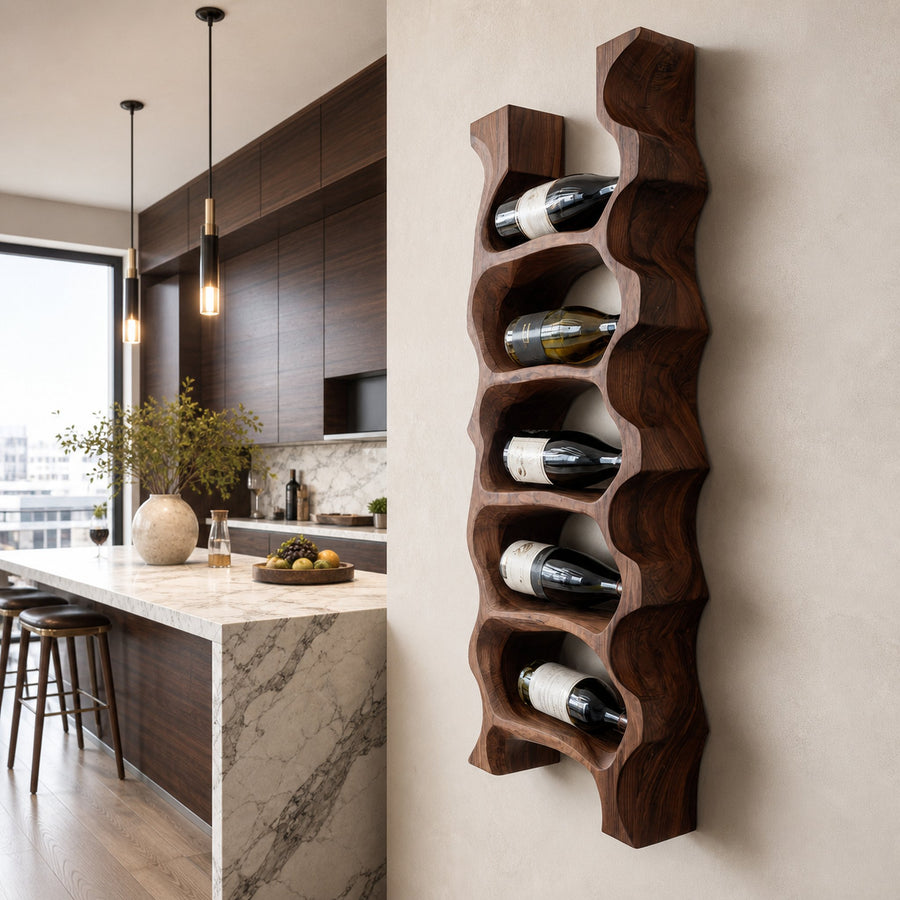 Modern Sculptural Wooden Wine Rack For Kitchen Wall Display