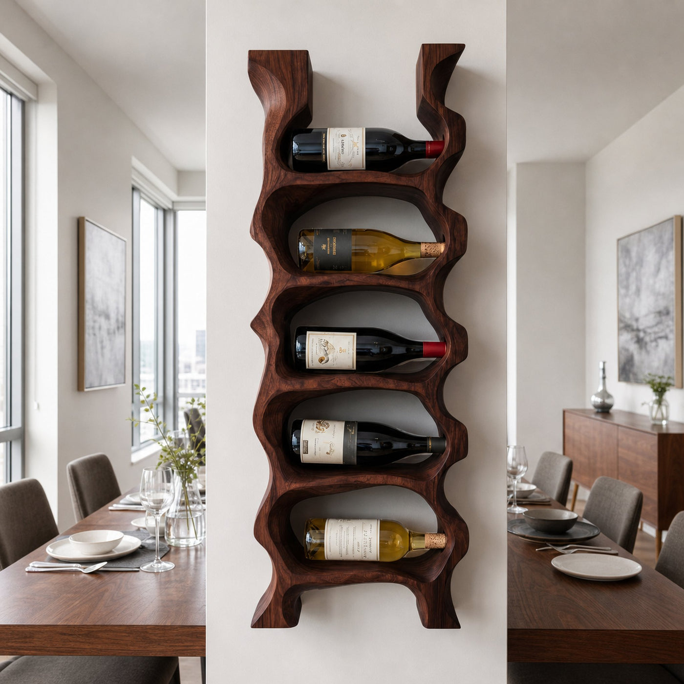 Modern Sculptural Wooden Wine Rack For Kitchen Wall Display - product view 7