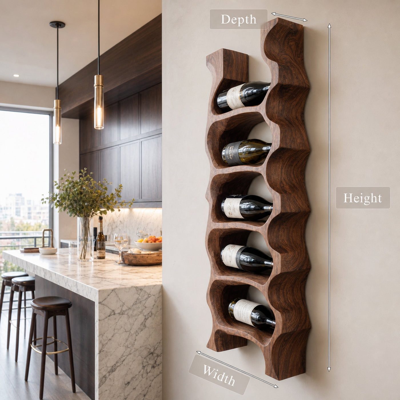 Modern Sculptural Wooden Wine Rack For Kitchen Wall Display - product view 8