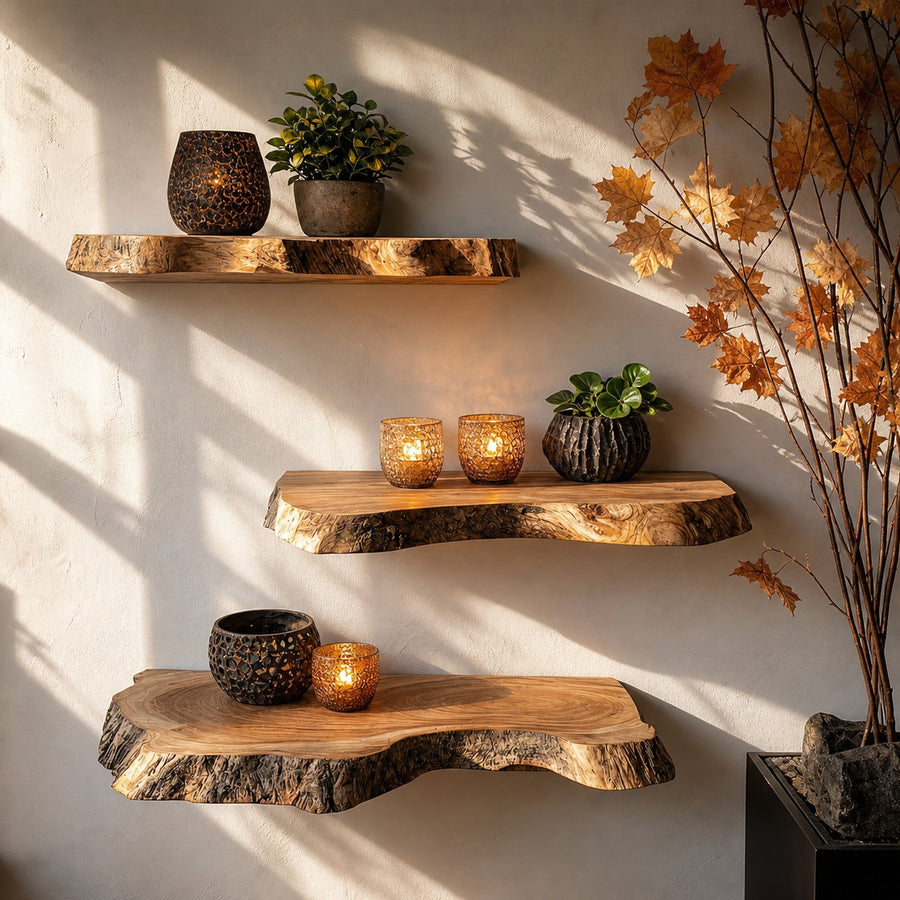 Modern Thick Live Edge Floating Wall Shelves Natural Wood Accent
