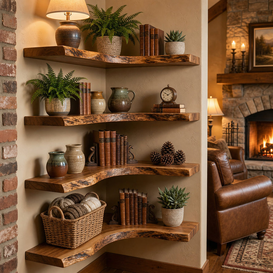 Modern Traditional Corner Floating Shelves Solid Wood Living Room Accent