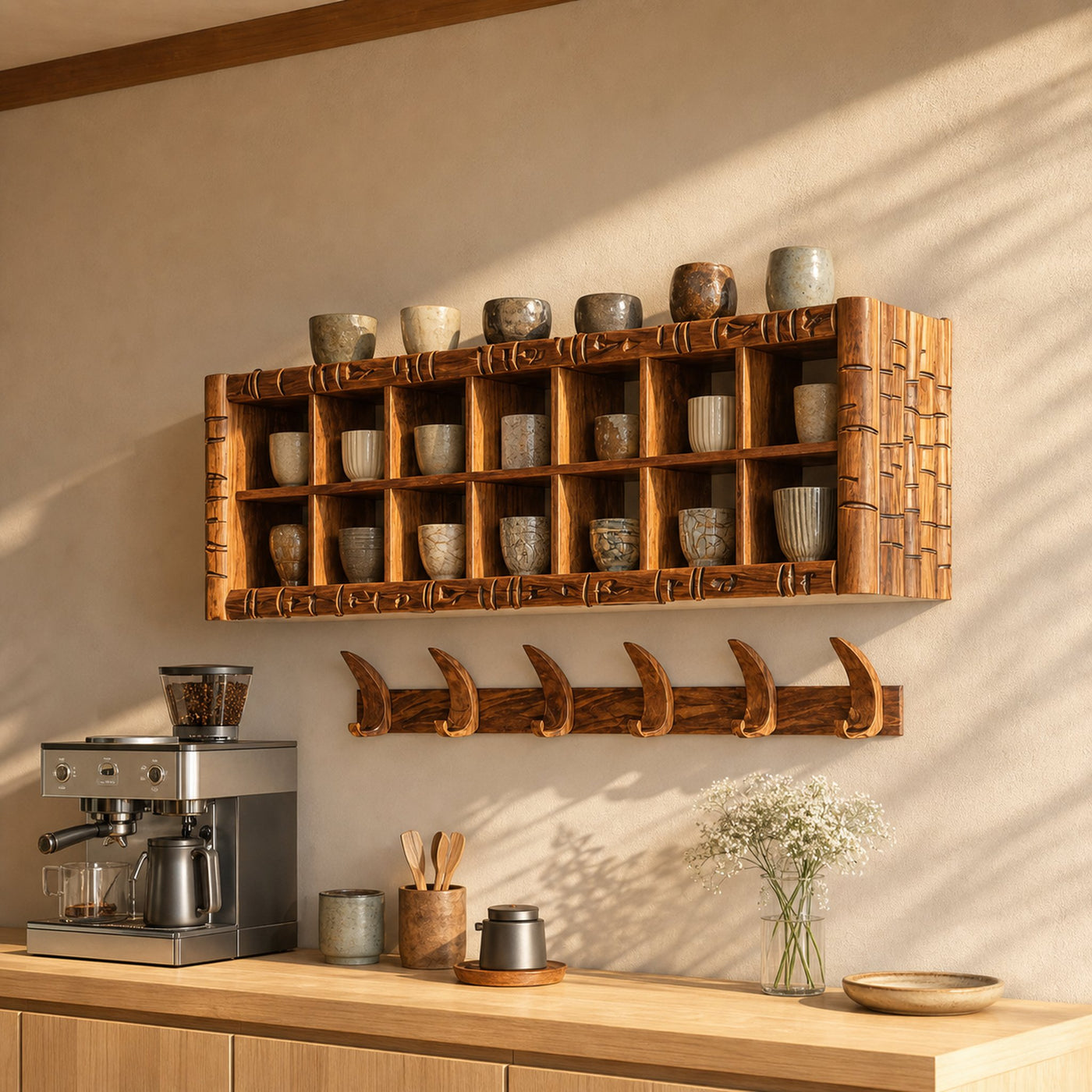 Modern Wooden Shelf With Hooks For Small Kitchen Design