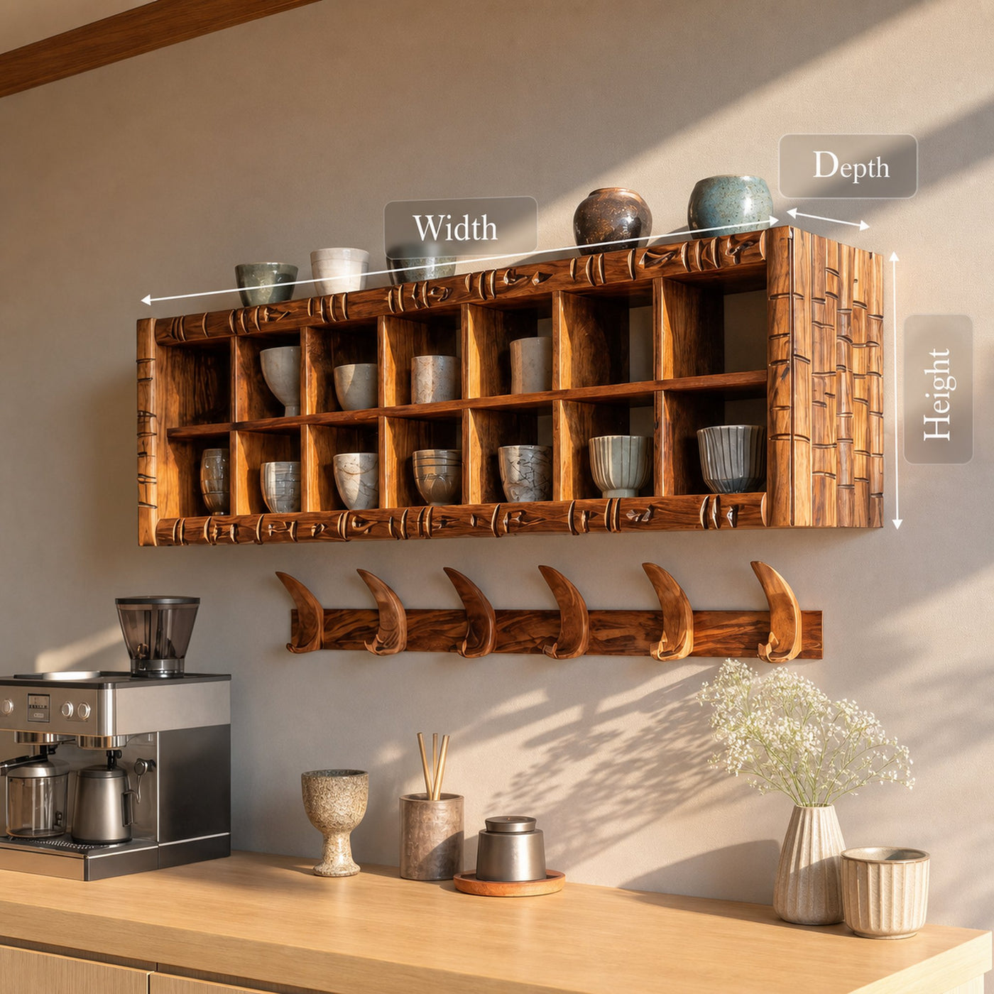 Modern Wooden Shelf With Hooks For Small Kitchen Design - product view 7