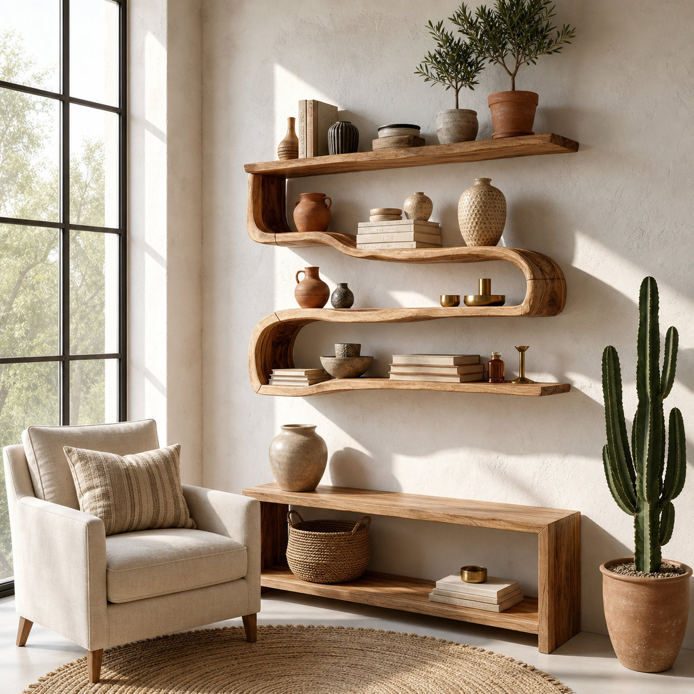 Modern Wooden Shelving Unit For Living Room Wall Storage
