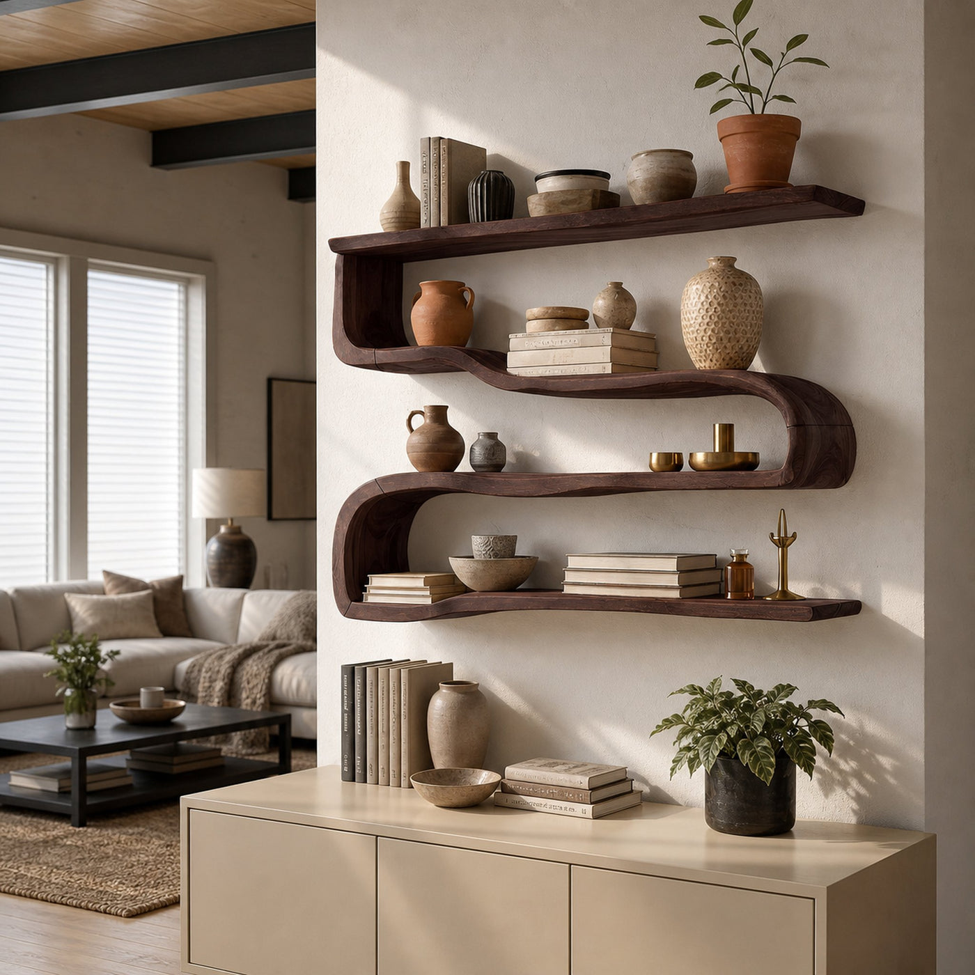 Modern Wooden Shelving Unit For Living Room Wall Storage - product view 7