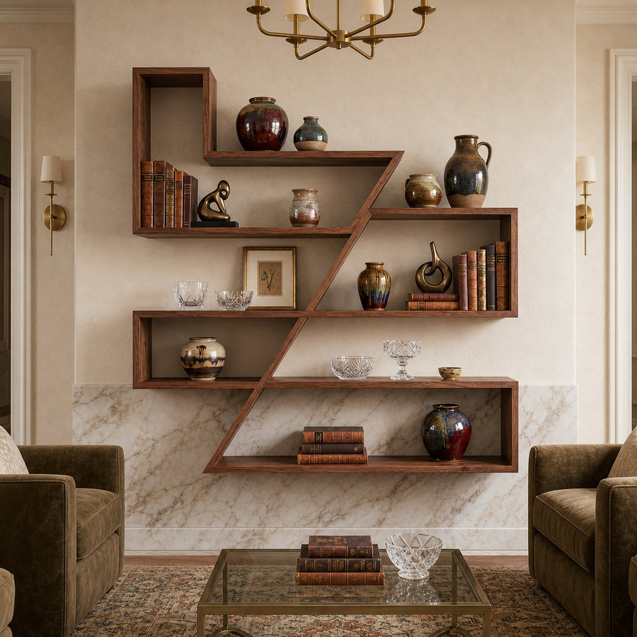 Modern Zigzag Floating Wall Shelf Solid Wood Artistic Storage