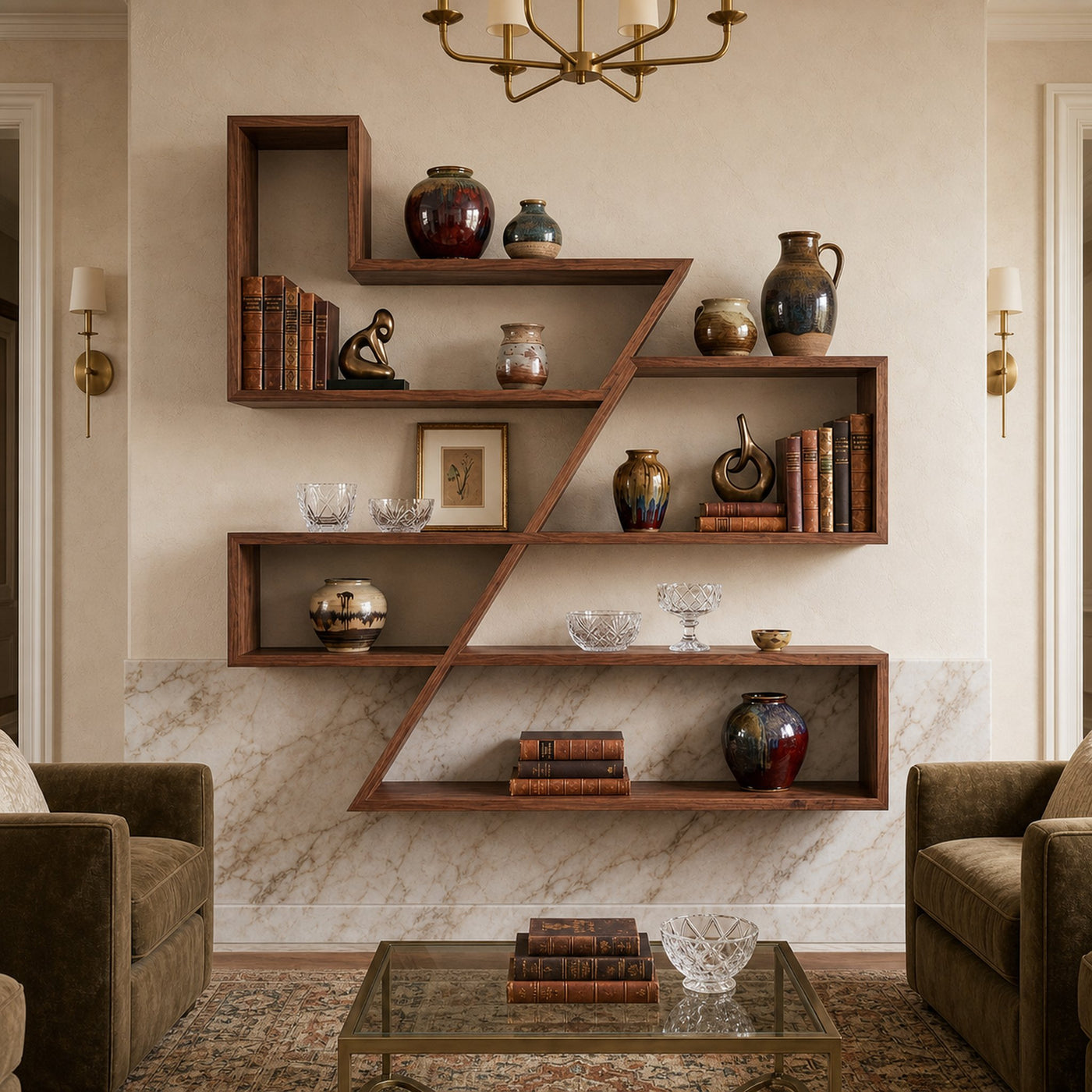 Modern Zigzag Floating Wall Shelf Solid Wood Artistic Storage