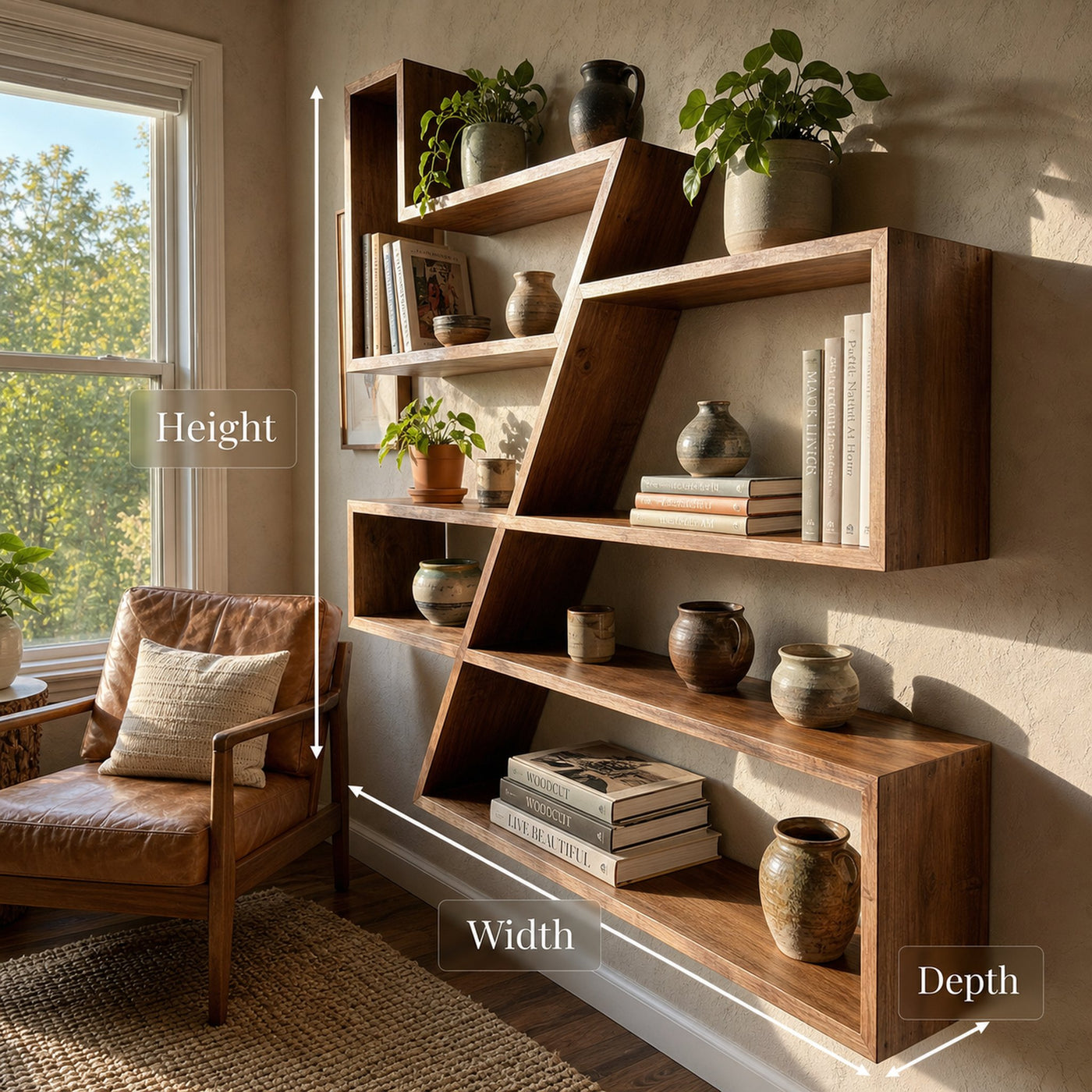 Modern Zigzag Floating Wall Shelf Solid Wood Artistic Storage - product view 6