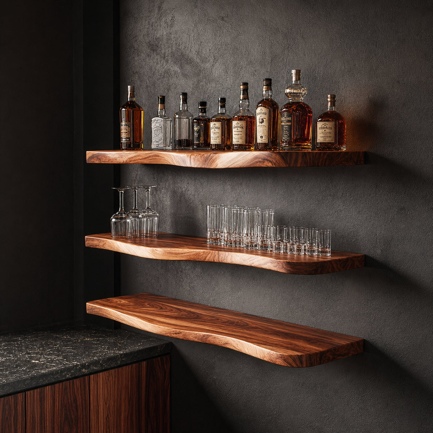 Nature Inspired Live Edge Bar Shelf Solid Wood Home Bar Interior Statement Decor