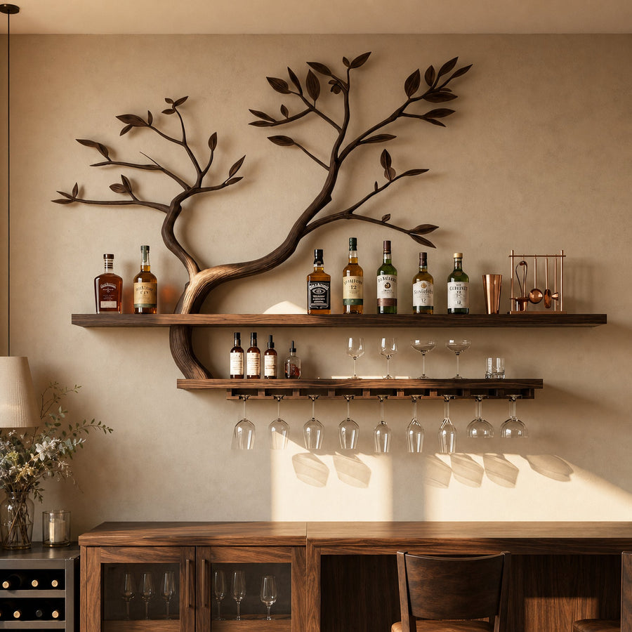 Nature Inspired Tree Branch Wine Rack Wooden Wall Bar Shelf Bottle Display