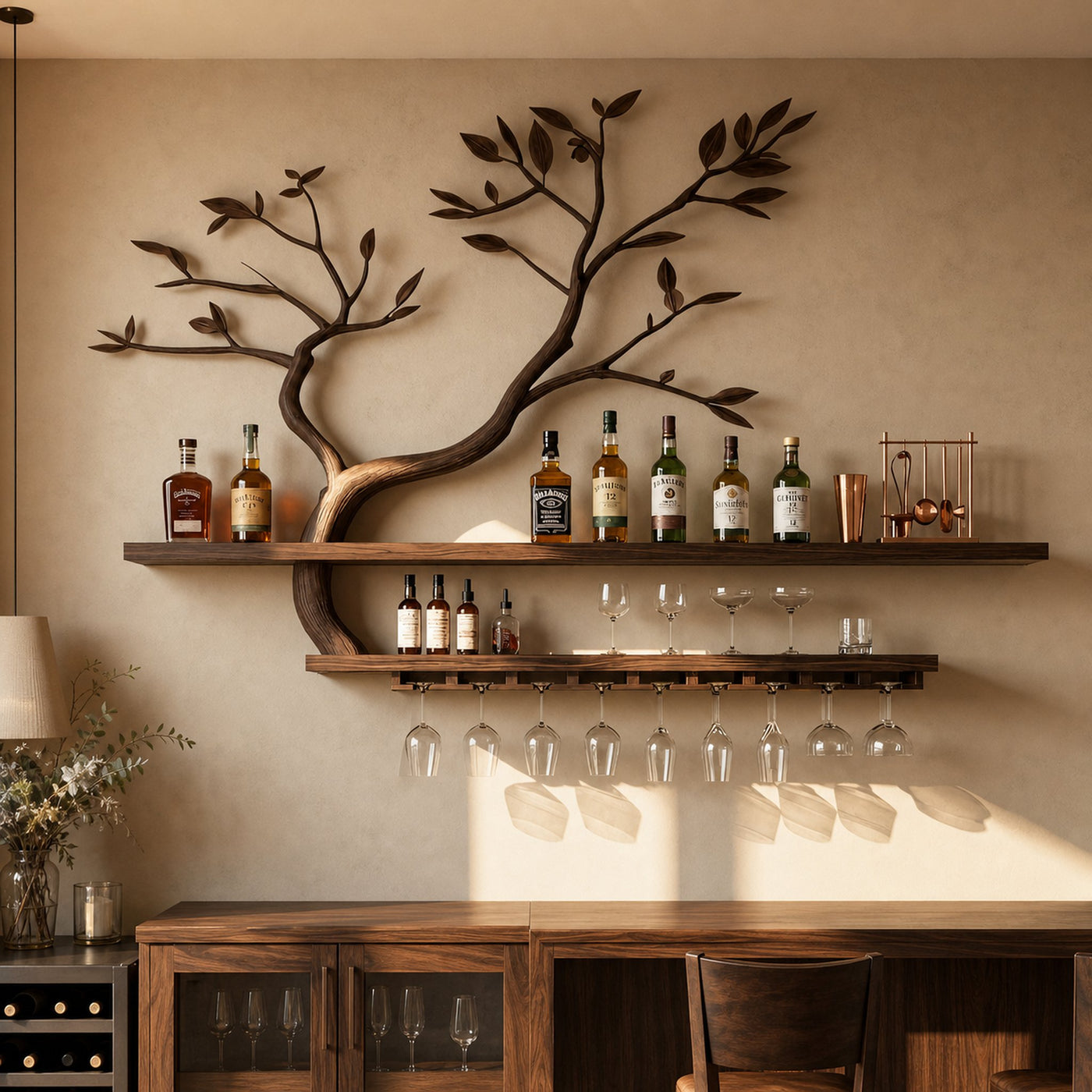 Nature Inspired Tree Branch Wine Rack Wooden Wall Bar Shelf Bottle Display