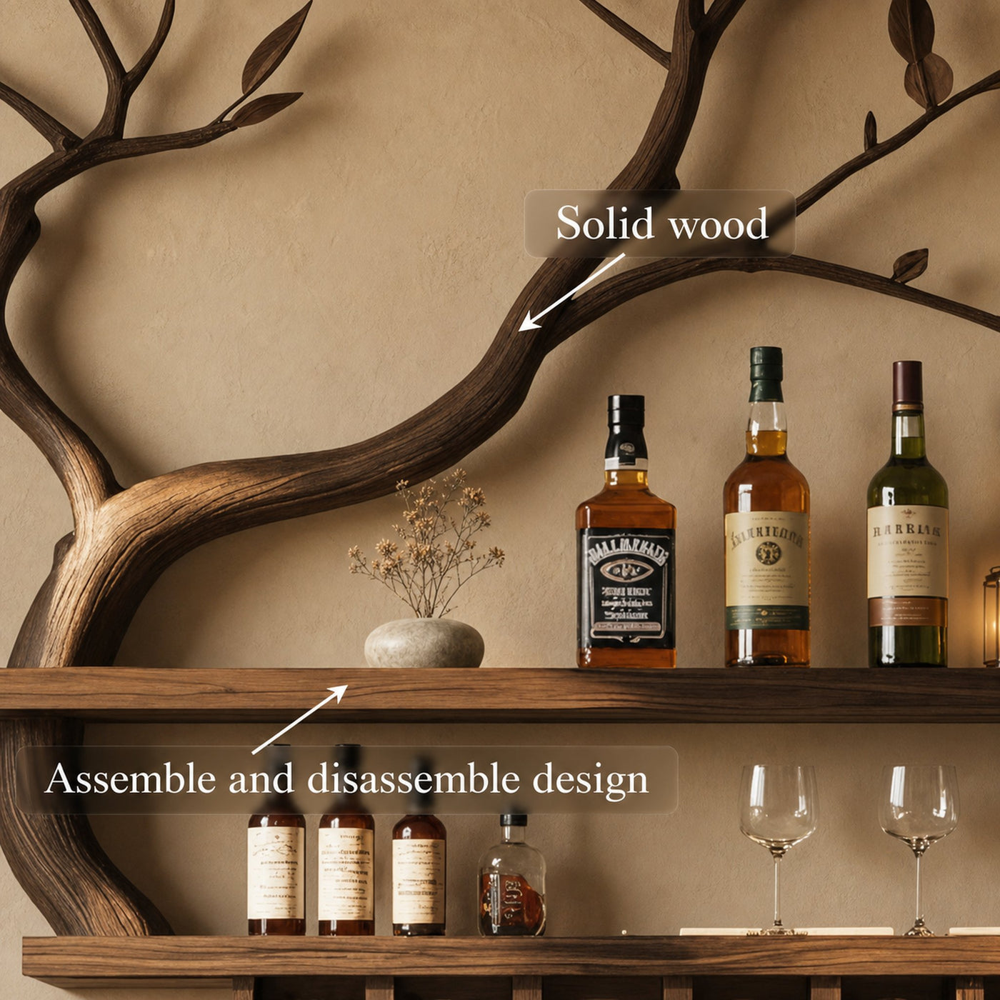 Nature Inspired Tree Branch Wine Rack Wooden Wall Bar Shelf Bottle Display - product view 6