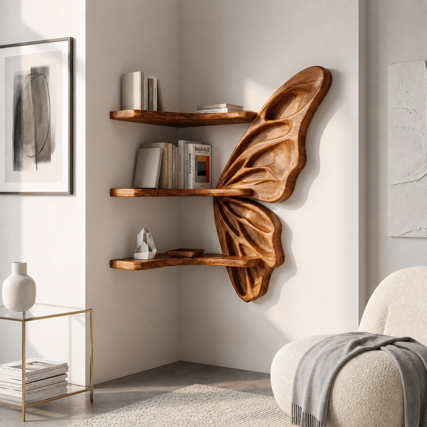 Organic Butterfly Wall Shelf With Floating Display Shelves For Living Room
