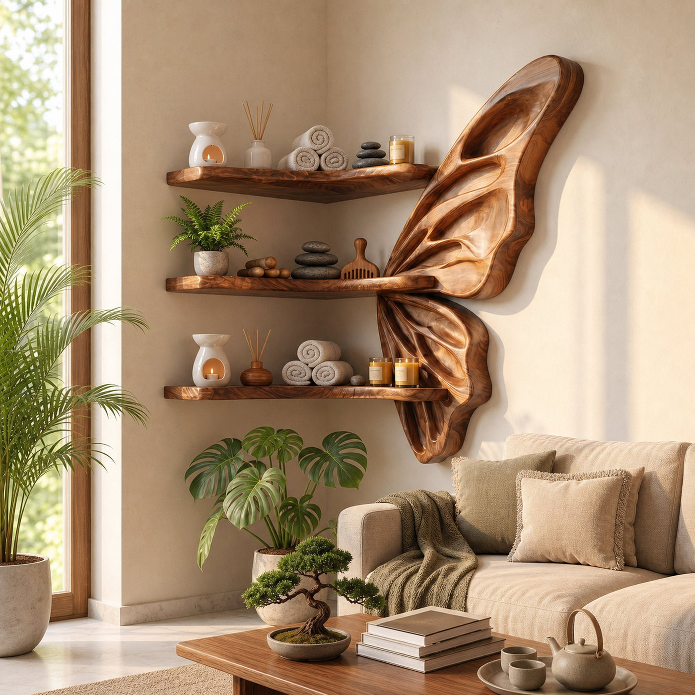 Organic Butterfly Wall Shelf With Floating Display Shelves For Living Room - product view 6