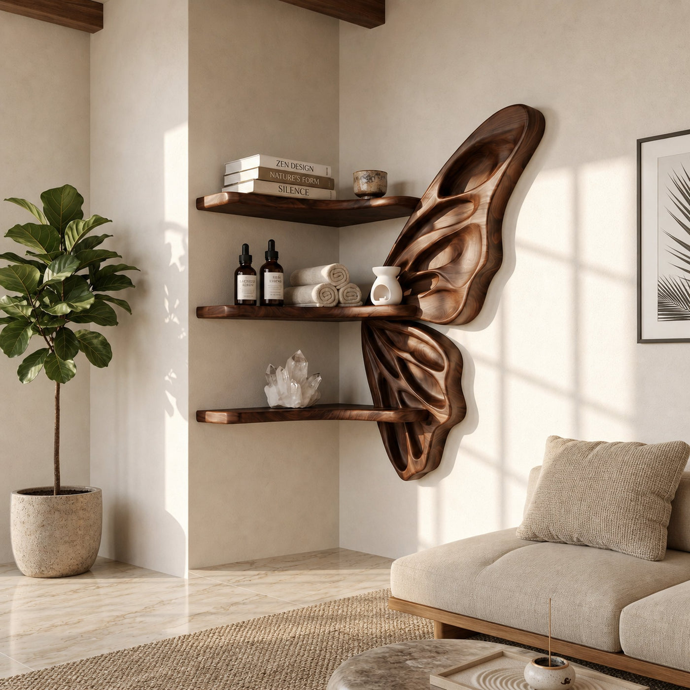 Organic Butterfly Wall Shelf With Floating Display Shelves For Living Room - product view 7