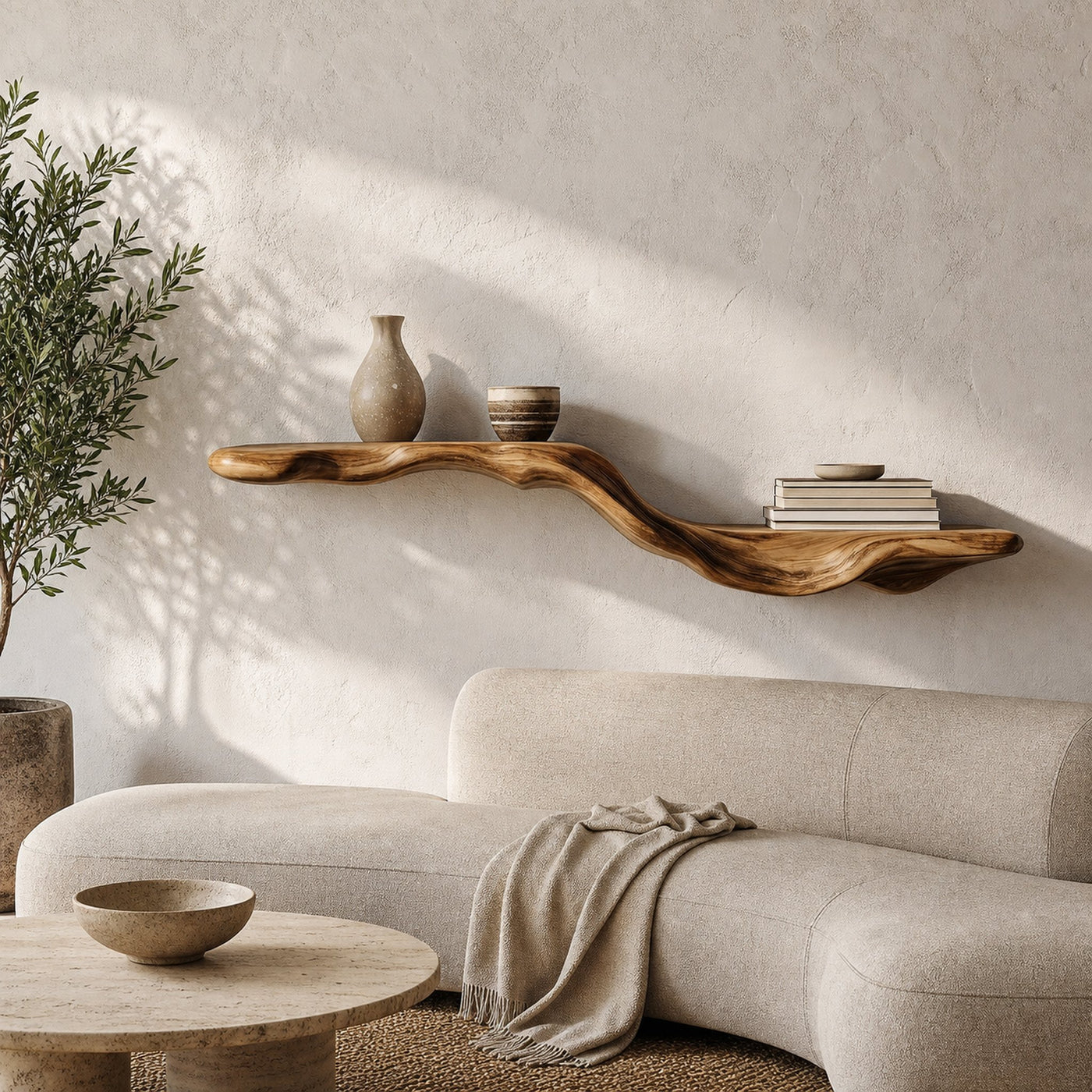 Organic Floating Shelf With Flowing Tree Branch Design For Living Room And Bedroom