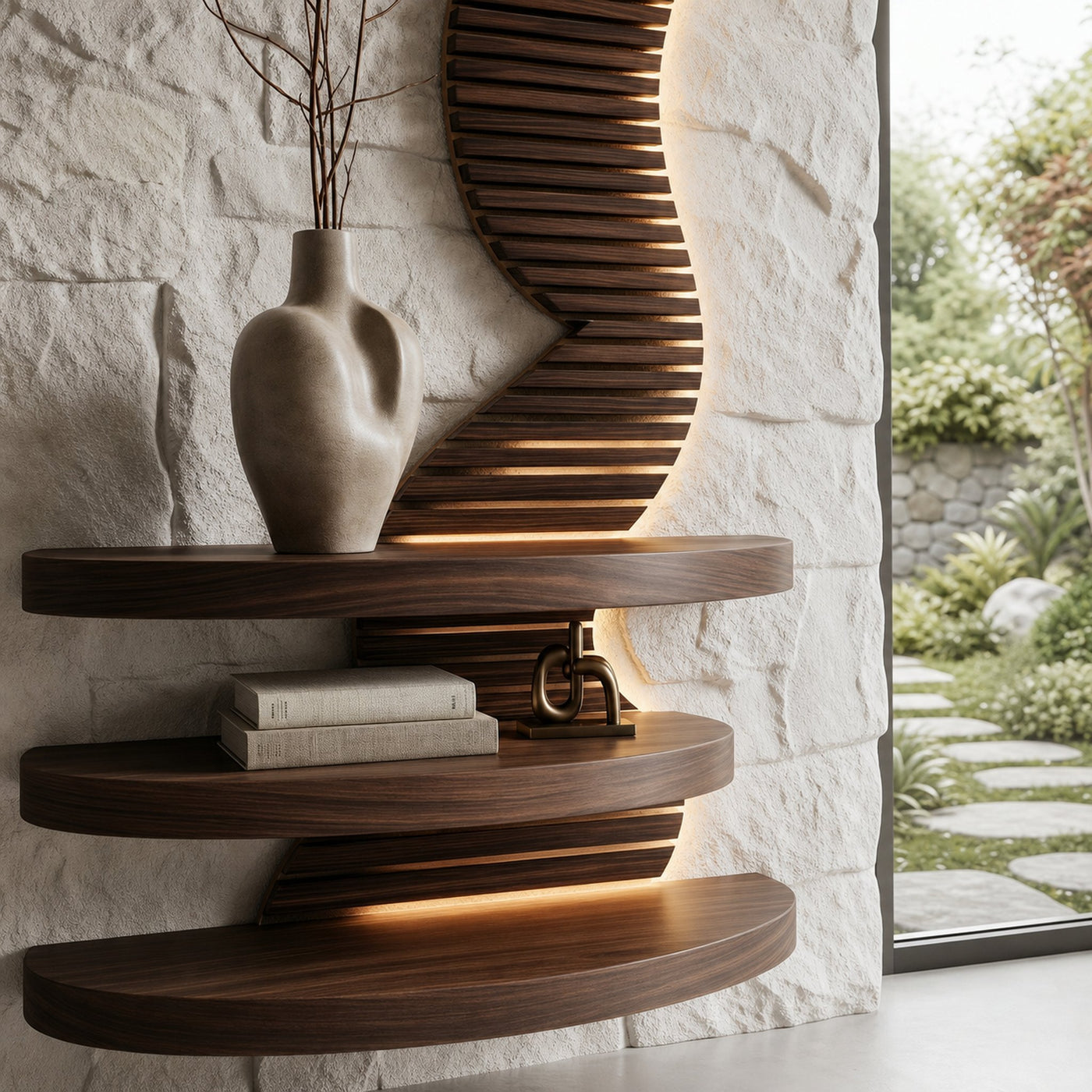Organic Floating Shelf With Sculptural Wave Wall Panel Design For Living Room And Bedroom