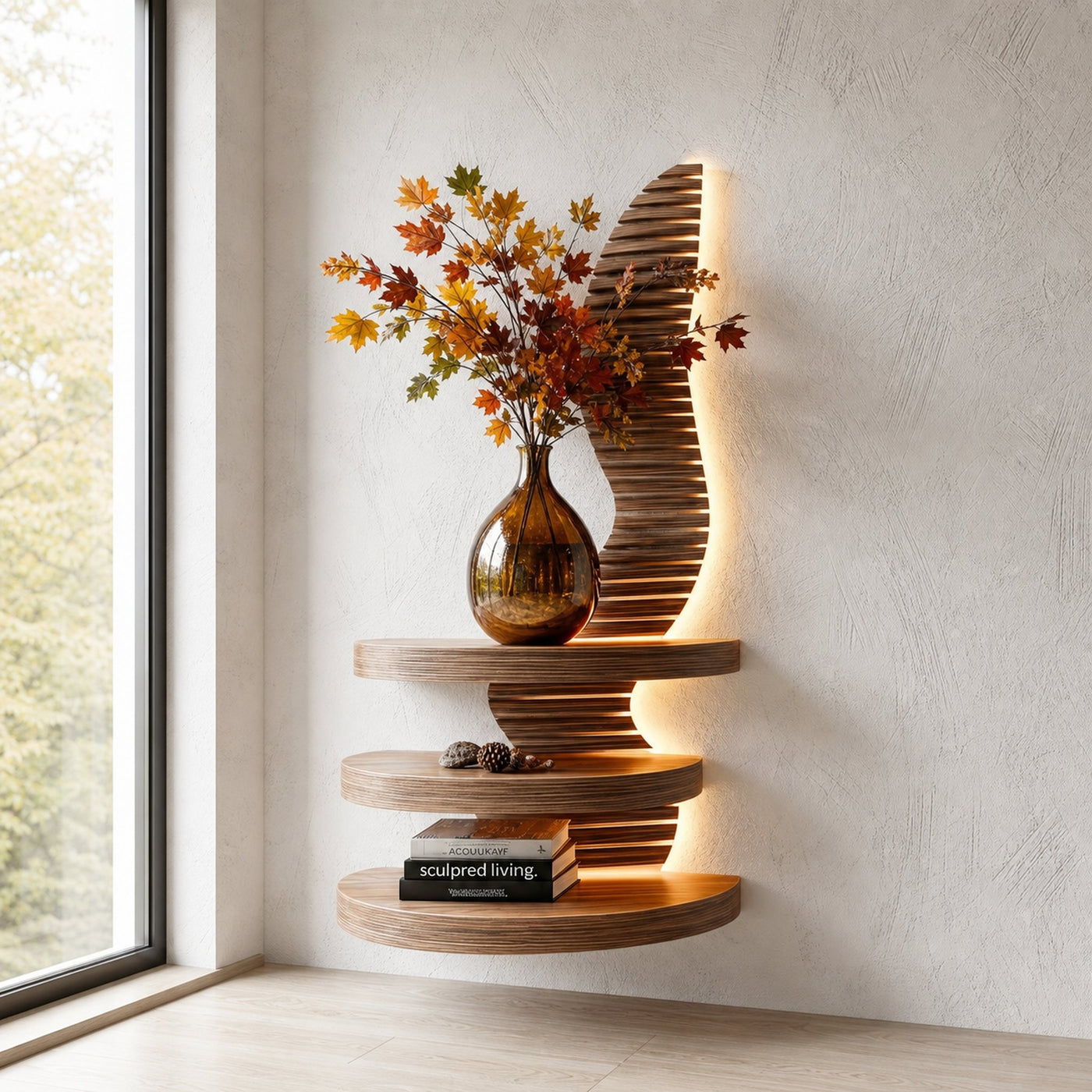 Organic Floating Shelf With Sculptural Wave Wall Panel Design For Living Room And Bedroom - product view 6