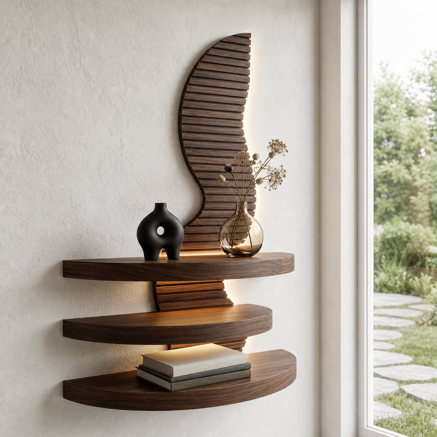 Organic Floating Shelf With Sculptural Wave Wall Panel Design For Living Room And Bedroom - product view 7