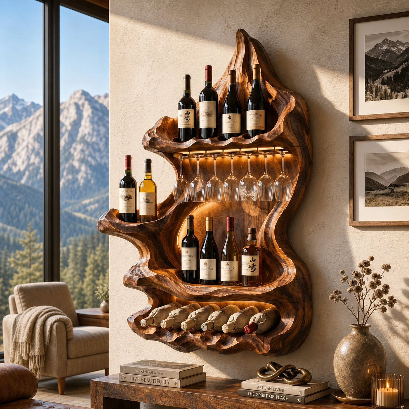 Organic Mountain Inspired Wine Shelf For Lounge Area