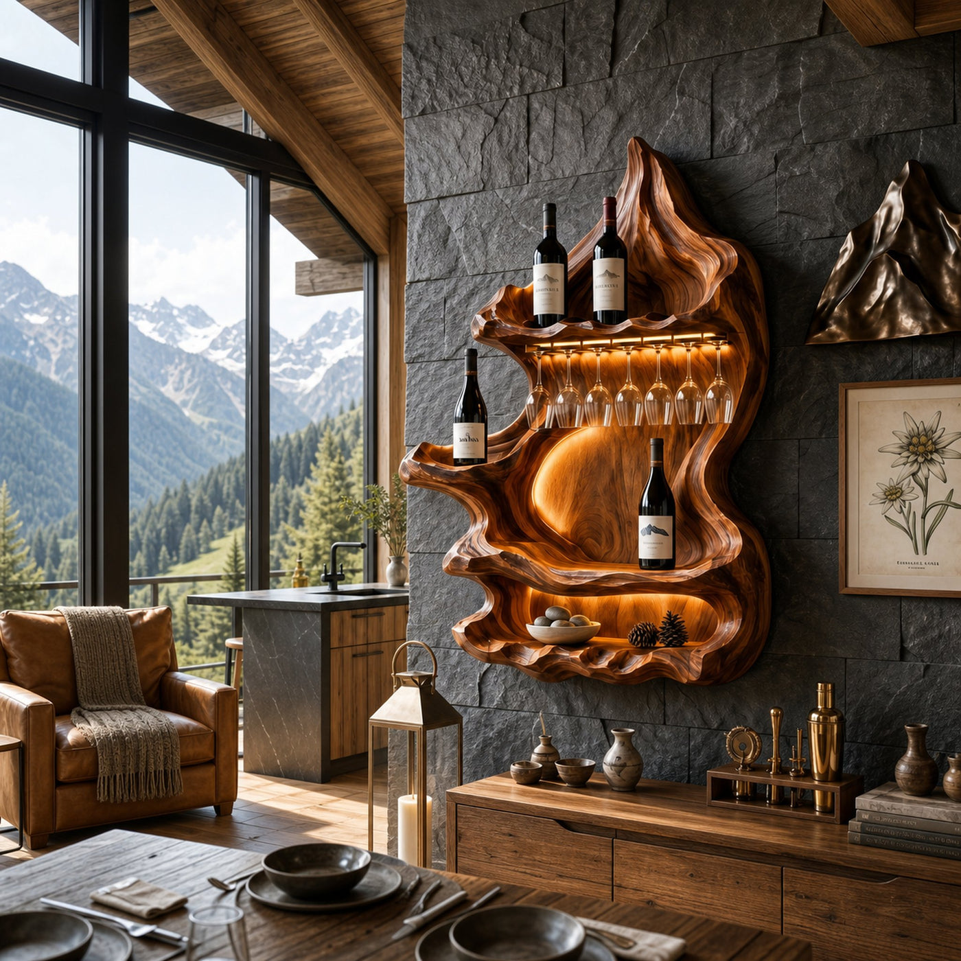 Organic Mountain Inspired Wine Shelf For Lounge Area - product view 2