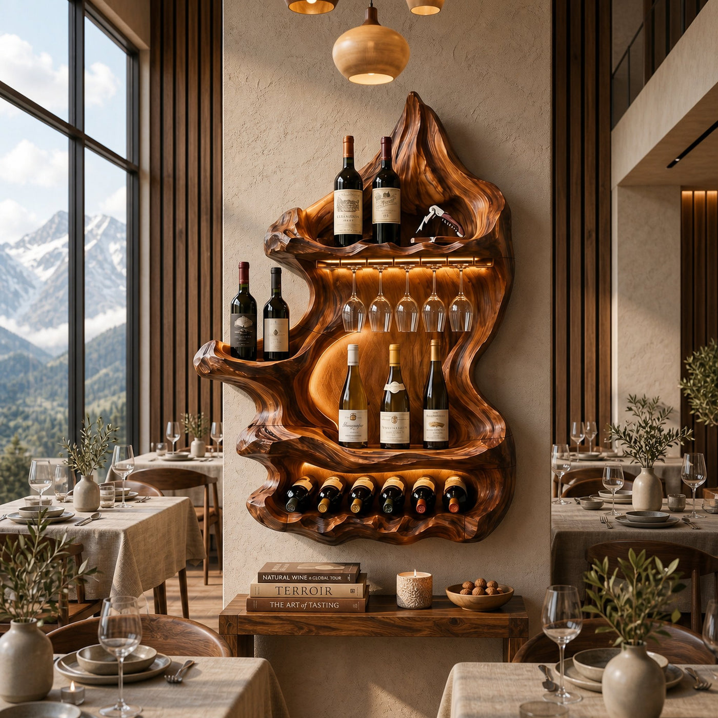 Organic Mountain Inspired Wine Shelf For Lounge Area - product view 3