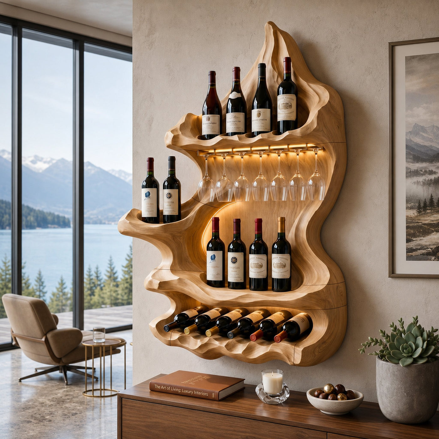 Organic Mountain Inspired Wine Shelf For Lounge Area - product view 5