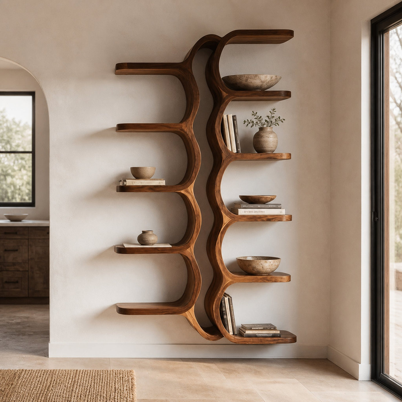 Organic Sculpture Wooden Wall Mounted Shelf For Living Room