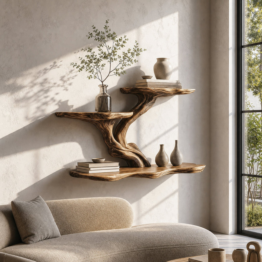 Organic Tree Branch Floating Shelf With Sculptural Wall Storage For Living Room