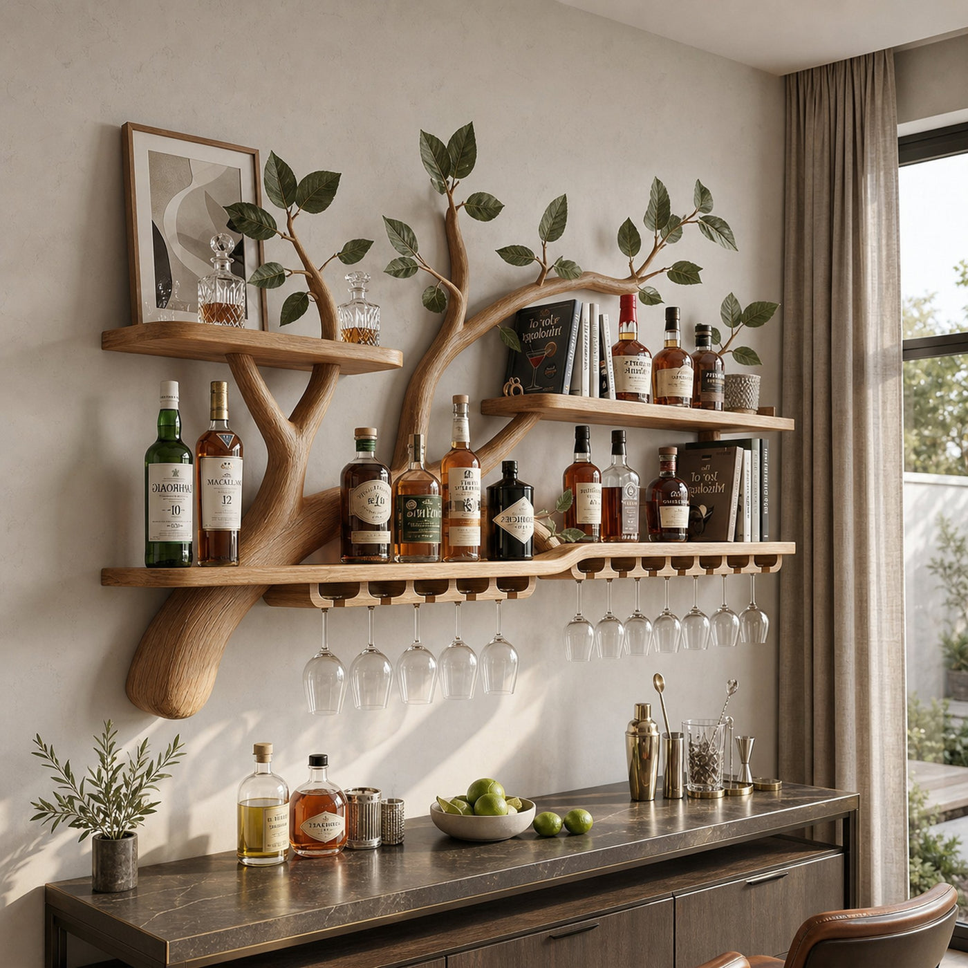 Organic Tree Branch Wine Rack Wooden Wall Mounted Shelf For Kitchen Dining Room Home Bar