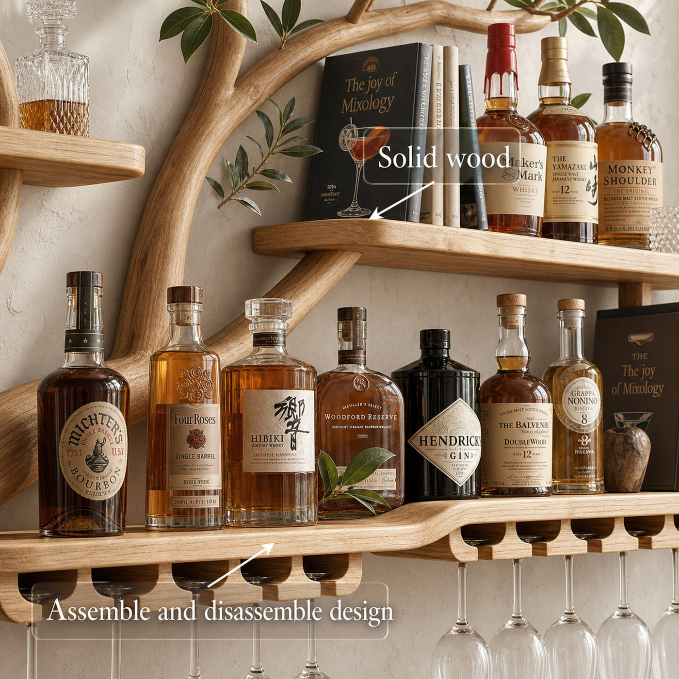 Organic Tree Branch Wine Rack Wooden Wall Mounted Shelf For Kitchen Dining Room Home Bar - product view 6
