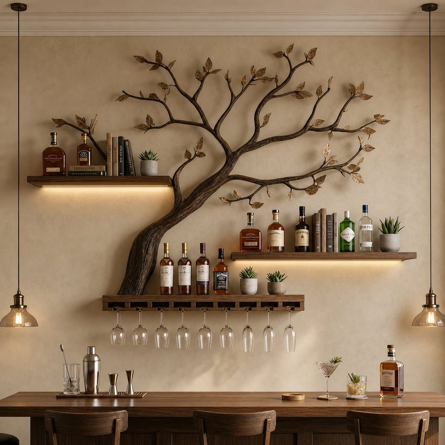 Organic Tree Branch Wine Rack Wooden Wall Shelf For Kitchen Dining Room Home Bar