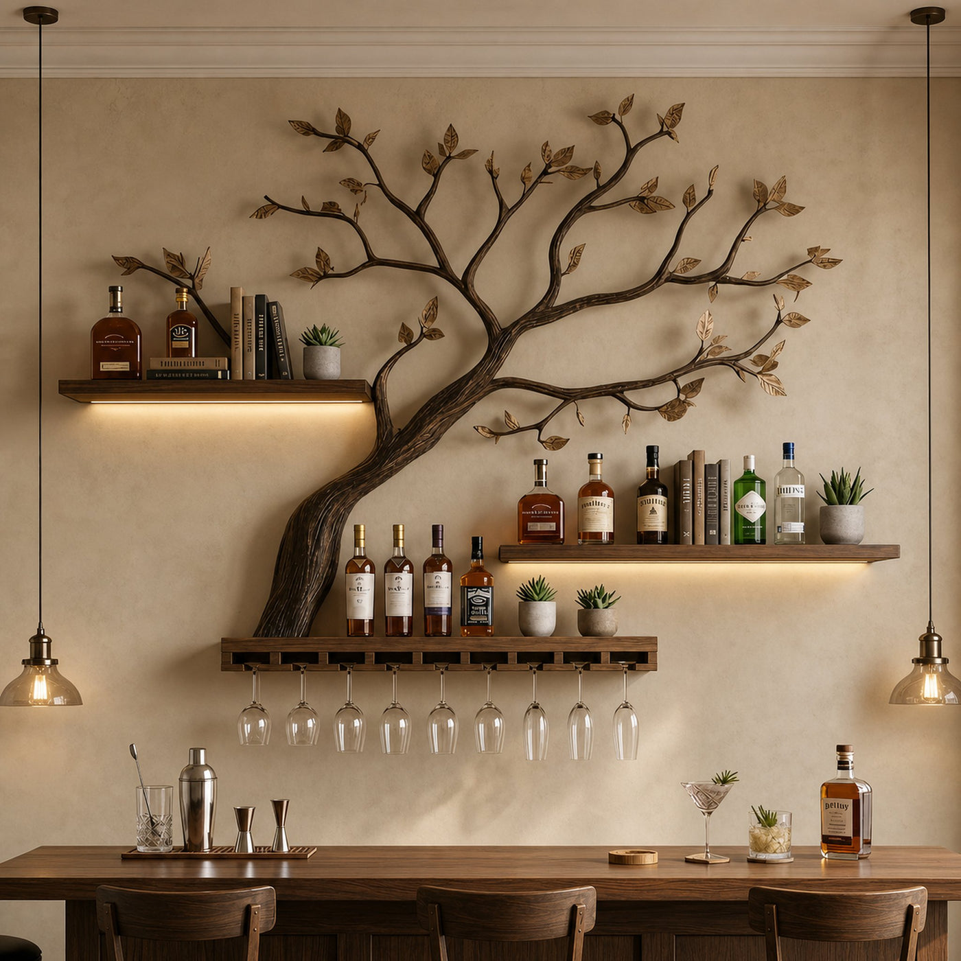 Organic Tree Branch Wine Rack Wooden Wall Shelf For Kitchen Dining Room Home Bar