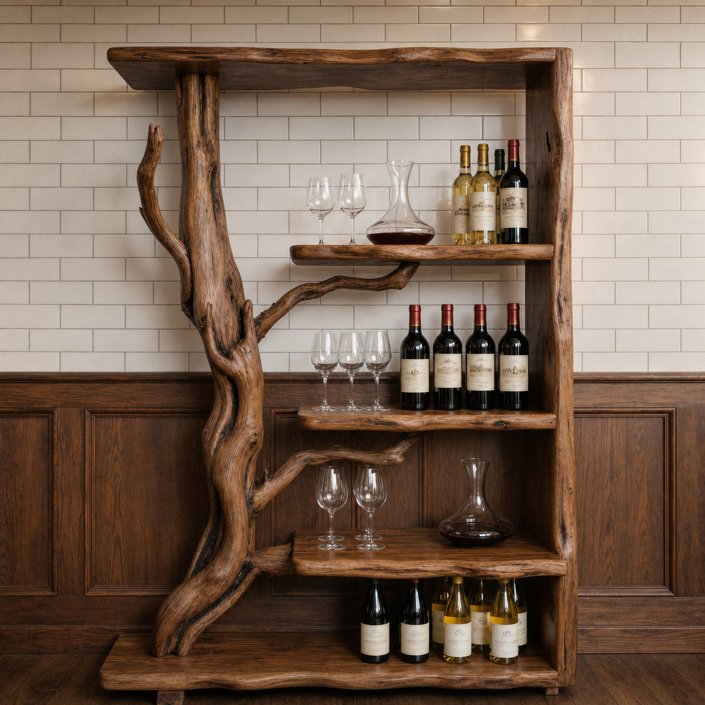 Organic Tree Branch Wine Rack Wooden Wall Shelf For Kitchen Dining Room Home Bar