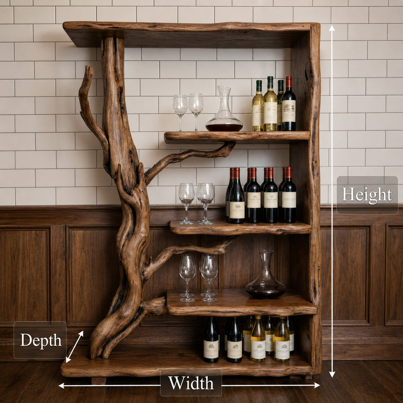 Organic Tree Branch Wine Rack Wooden Wall Shelf For Kitchen Dining Room Home Bar - product view 6