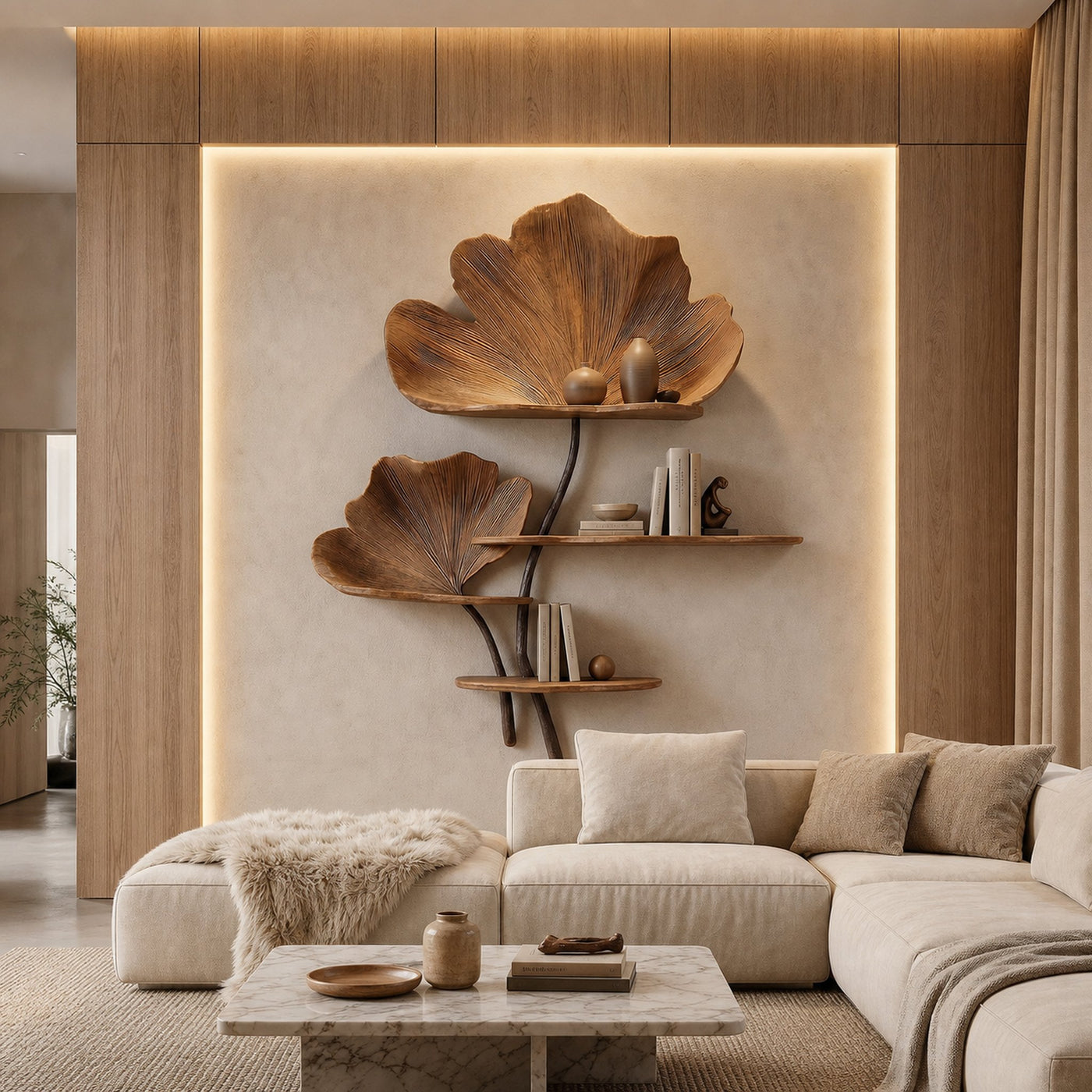 Organic Tree Wall Shelf With Leaf Shape Design For Living Room And Bedroom