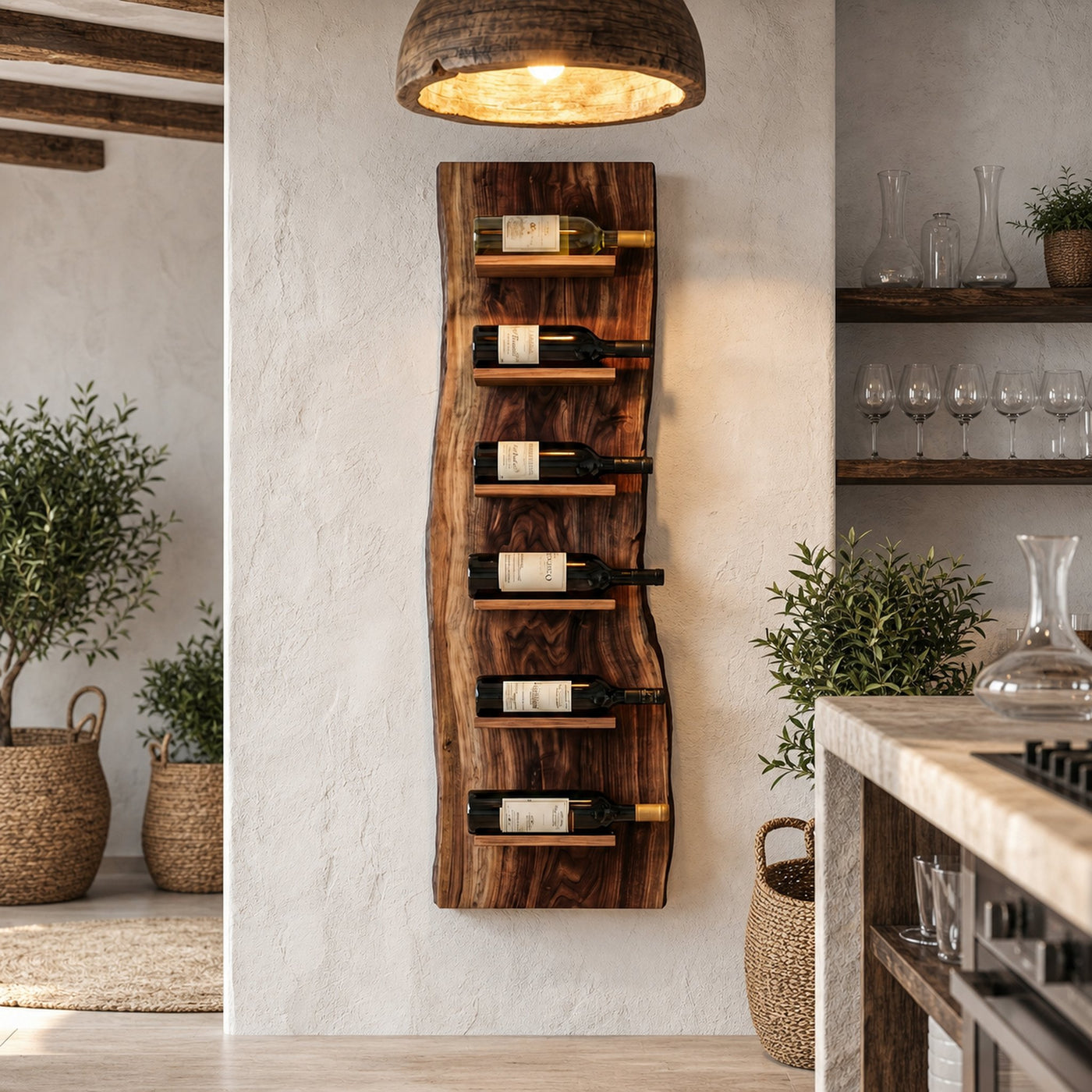 Organic Wall Mounted Wine Rack With Natural Wood Design For Kitchen