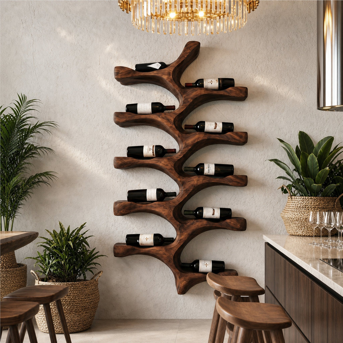 Organic Wall Mounted Wine Rack With Tree Branch Bottle Holders For Kitchen