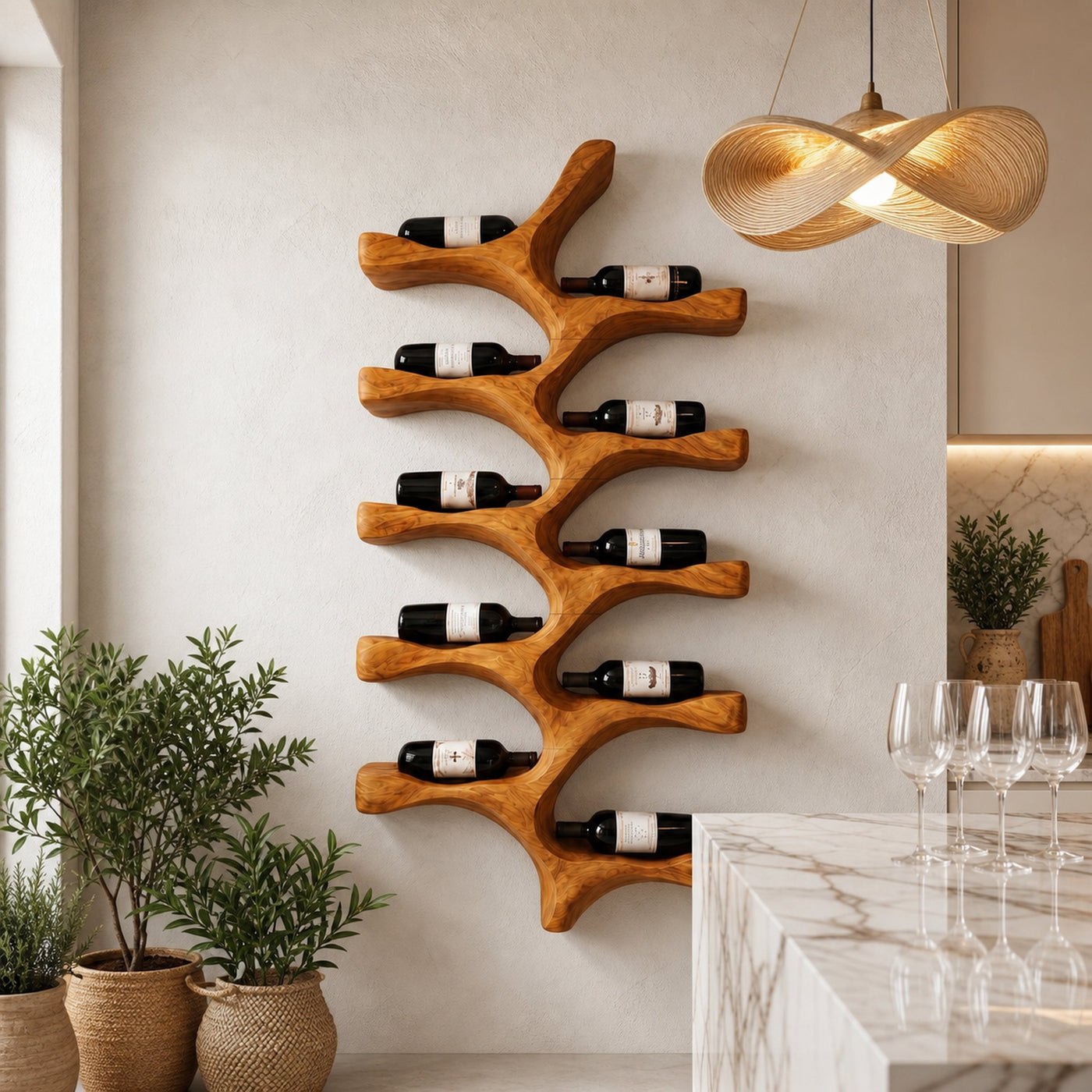 Organic Wall Mounted Wine Rack With Tree Branch Bottle Holders For Kitchen - product view 6