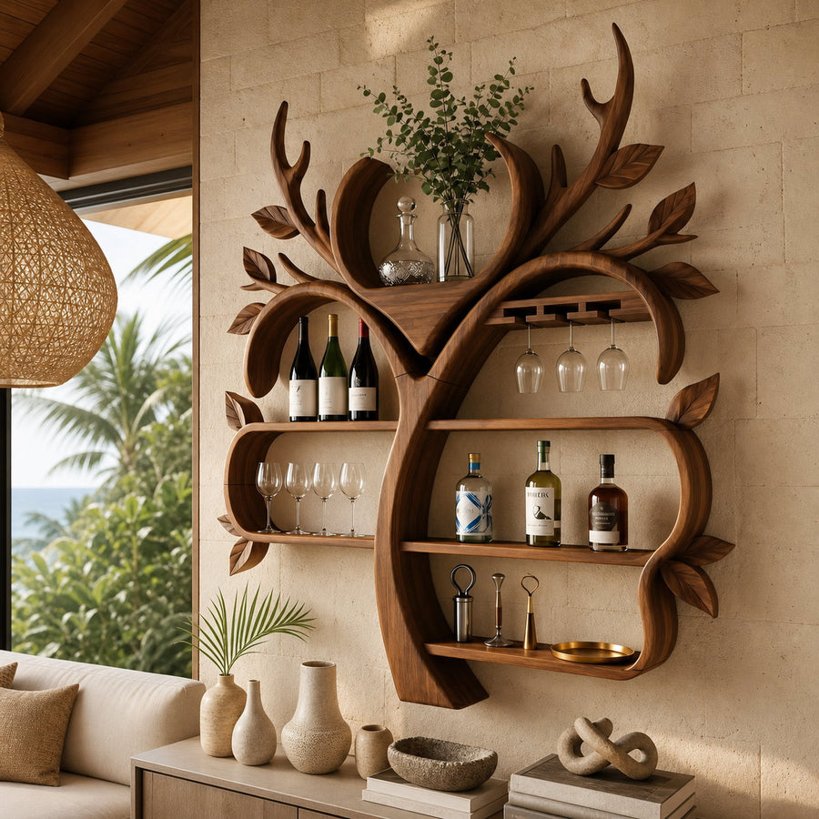 Resort Style Tree Inspired Wine Bar Shelf For Living Room