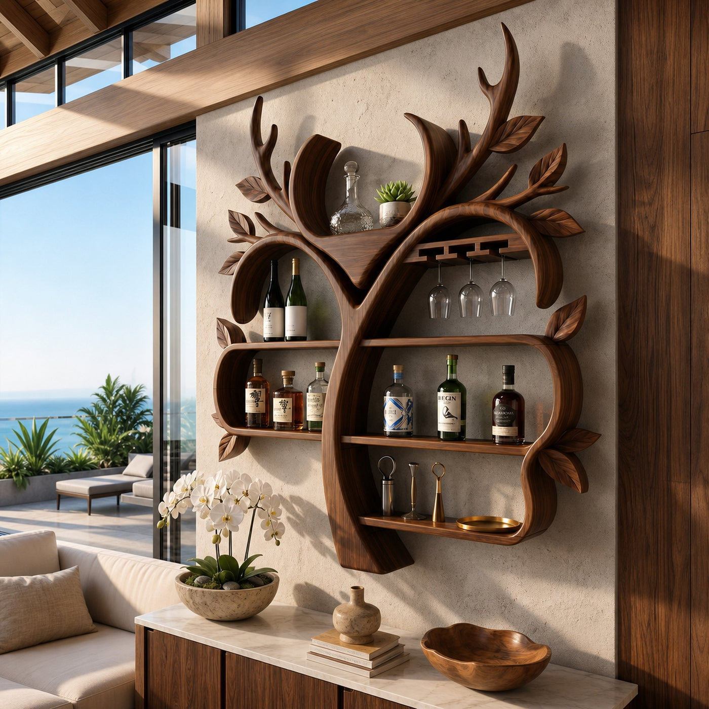 Resort Style Tree Inspired Wine Bar Shelf For Living Room - product view 7