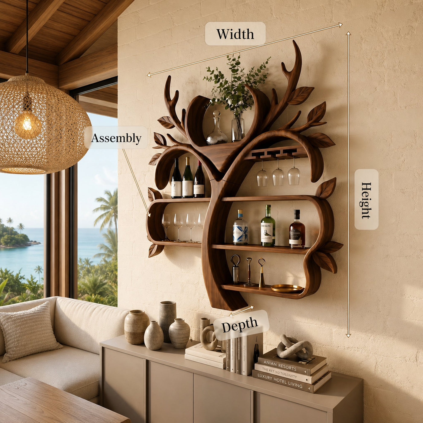 Resort Style Tree Inspired Wine Bar Shelf For Living Room - product view 8