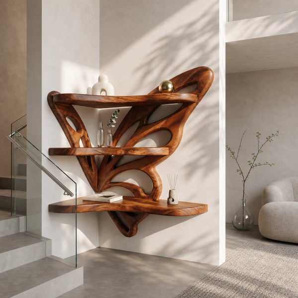 Rustic Butterfly Floating Shelf With Natural Live Edge Wood Design For Living Room