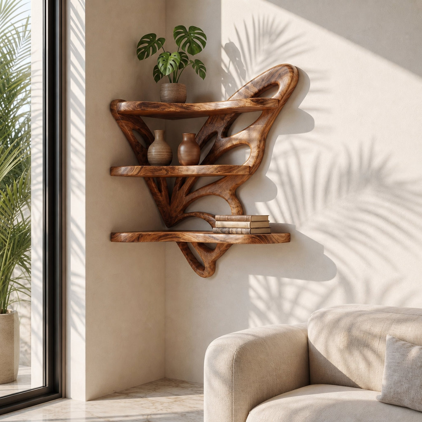Rustic Butterfly Floating Shelf With Natural Live Edge Wood Design For Living Room - product view 6